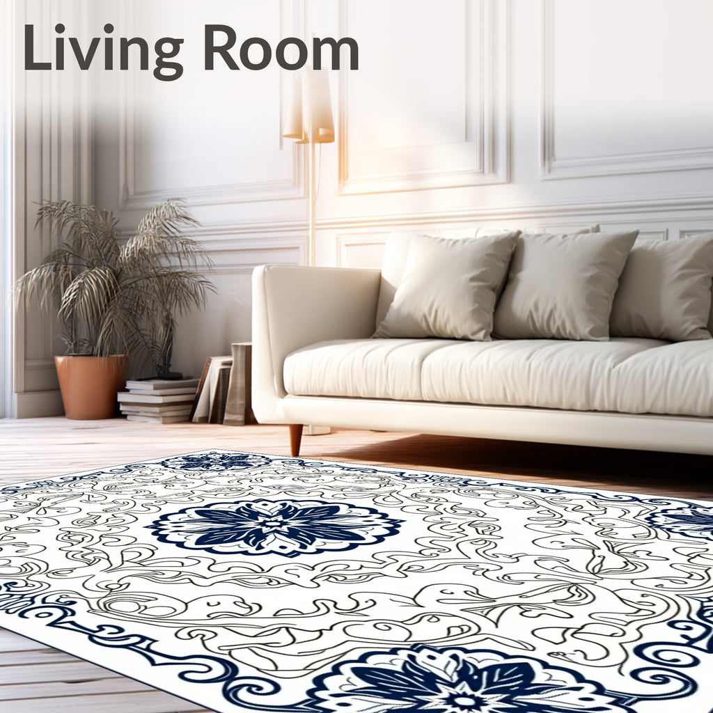 Navy Blue Floral Mandala Scrollwork Rug