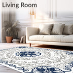 Navy Blue Floral Mandala Scrollwork Rug