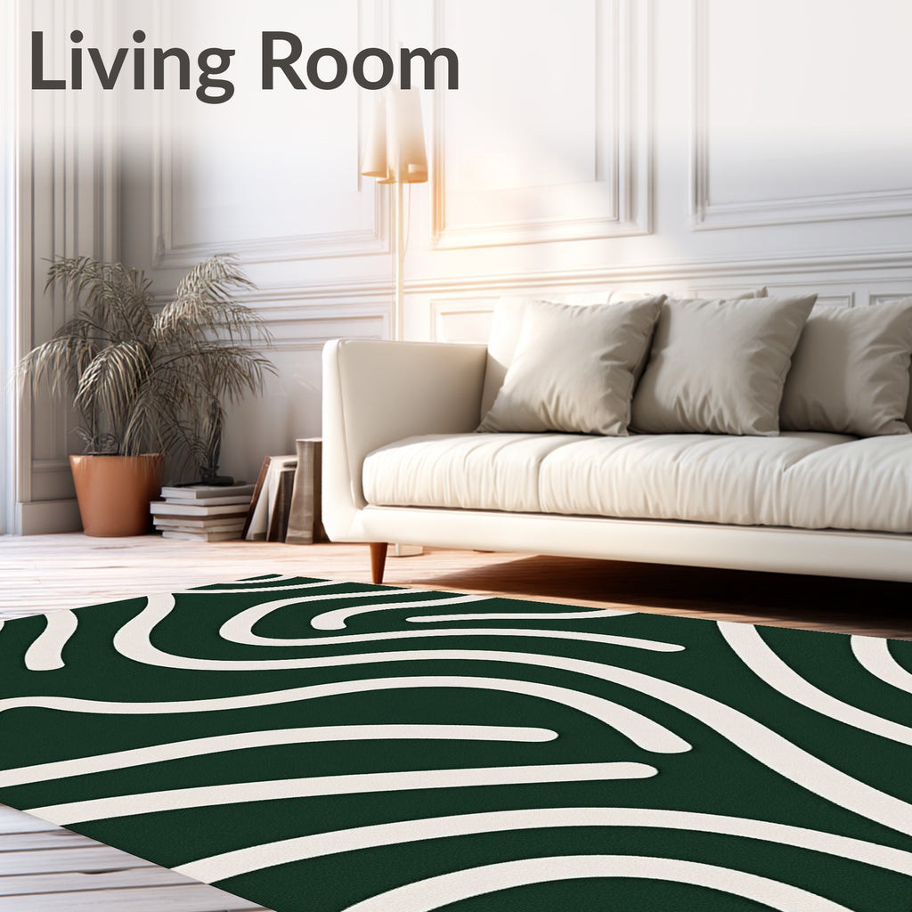 Dark Green Cream Abstract Swirl Rug