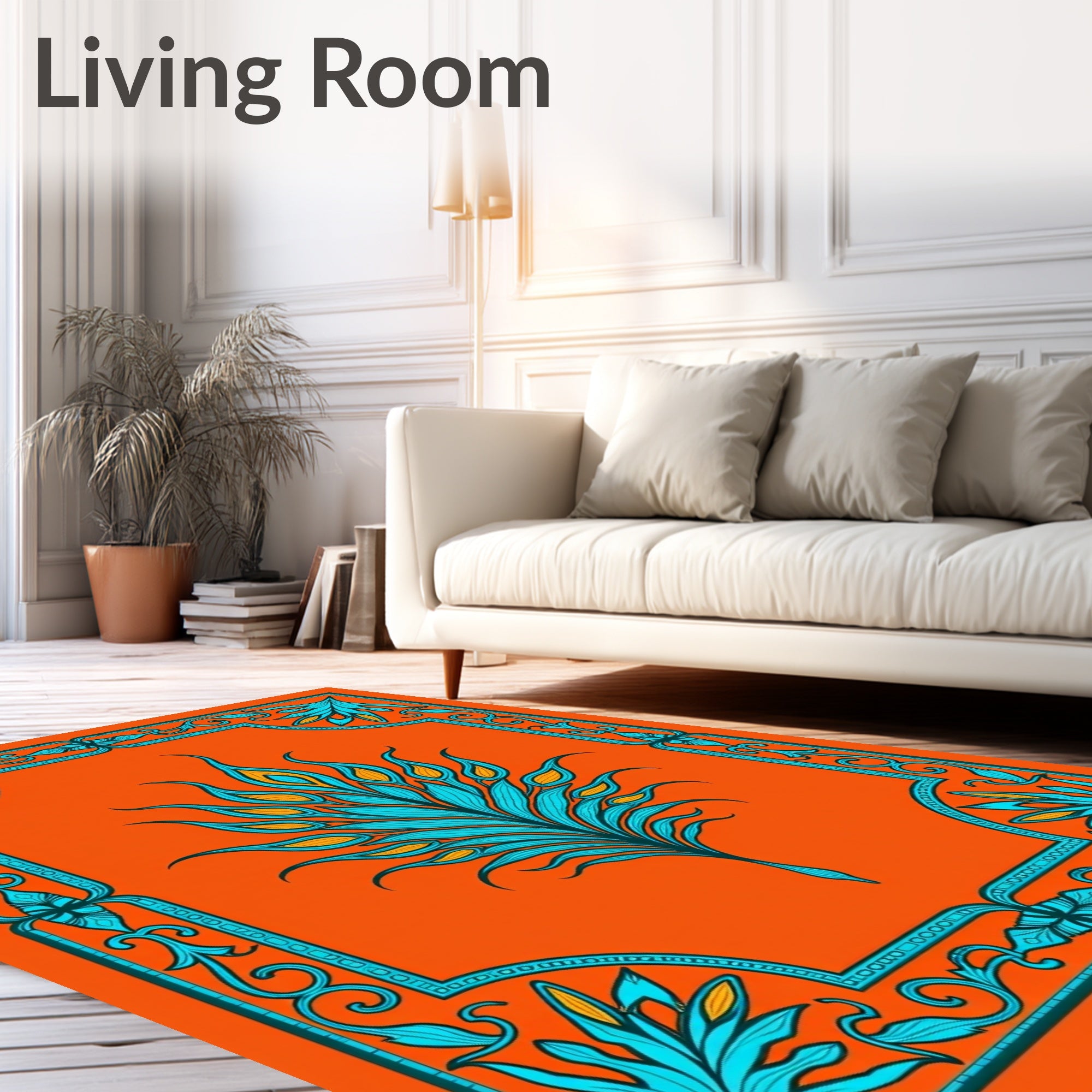 Bright Orange Teal Feathered Bloom Rug