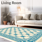 Cream and Teal Lattice Floral Border Rug