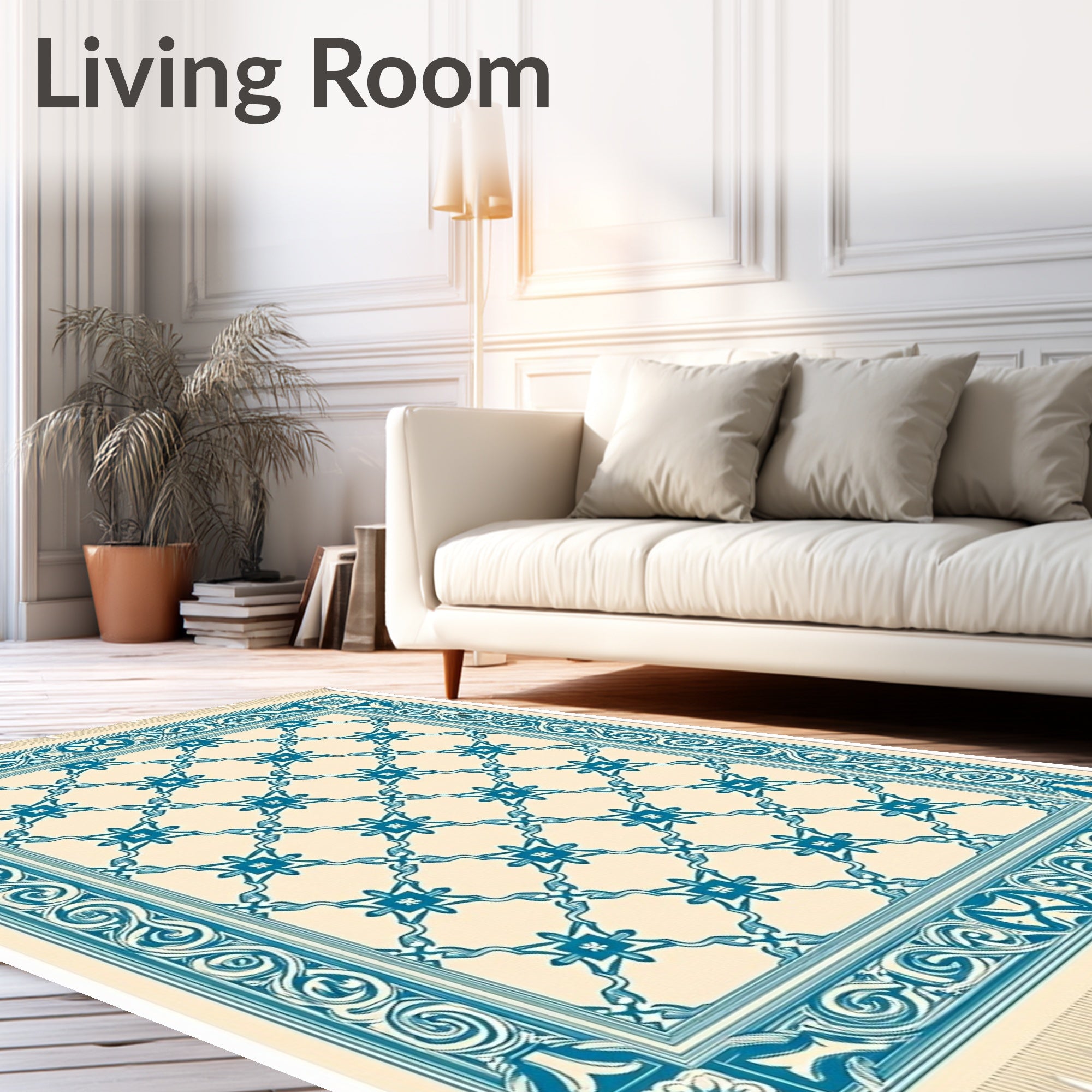 Cream and Teal Lattice Floral Border Rug