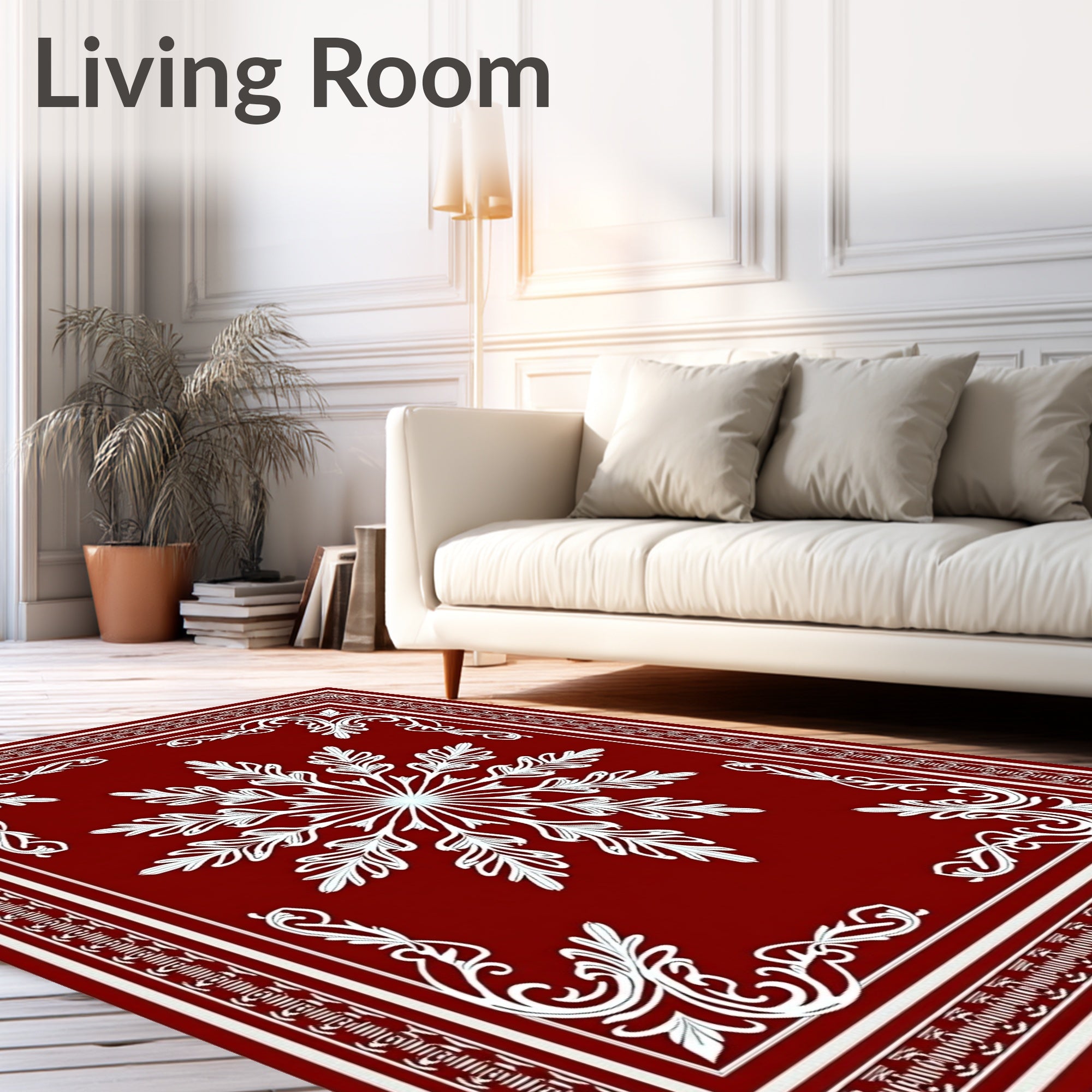 Rich Crimson White Floral Star Mandala Rug