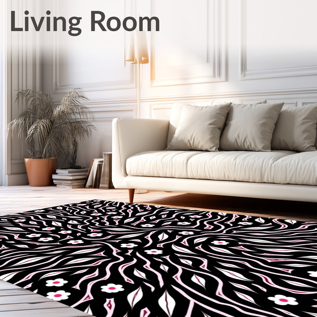 Black Pink White Floral Waves Rug