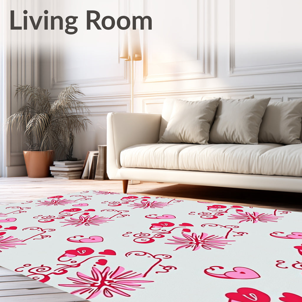 Whimsical Pink Heart Floral Swirl Rug