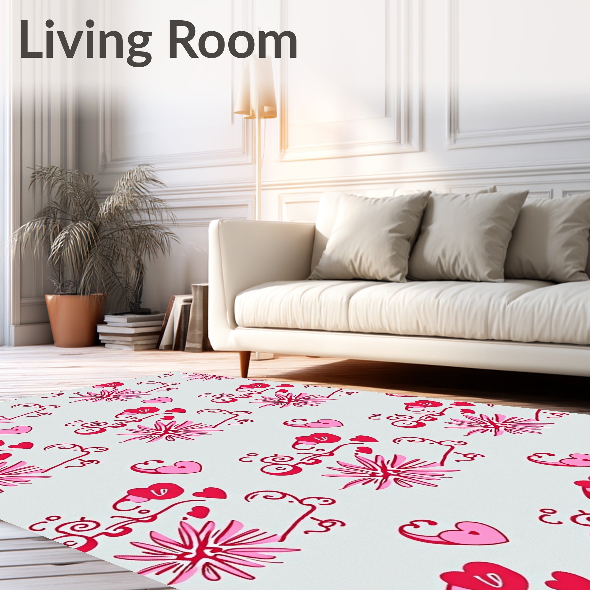 Whimsical Pink Heart Floral Swirl Rug