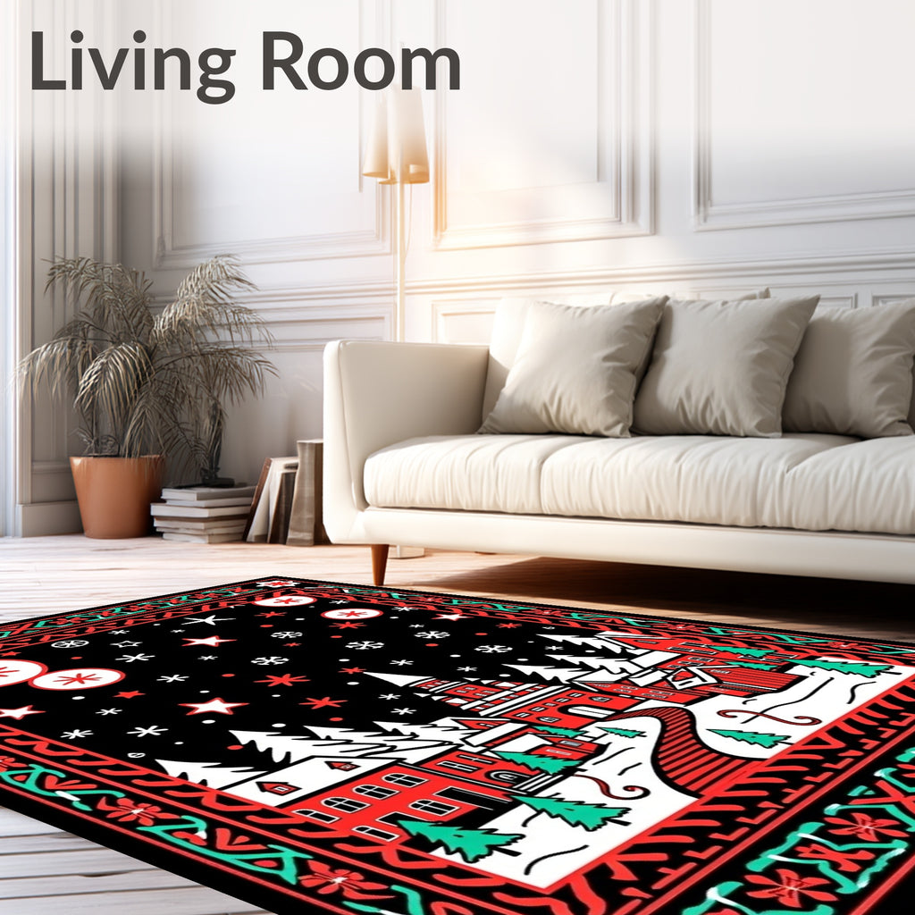 Crimson Red Winter Village Snowflakes Rug