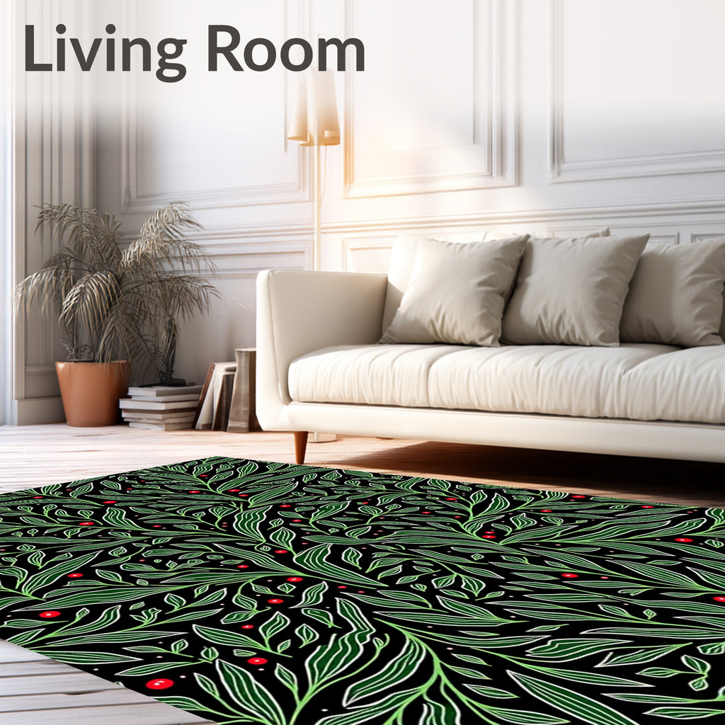 Emerald Green Leafy Vine Red Berries Rug
