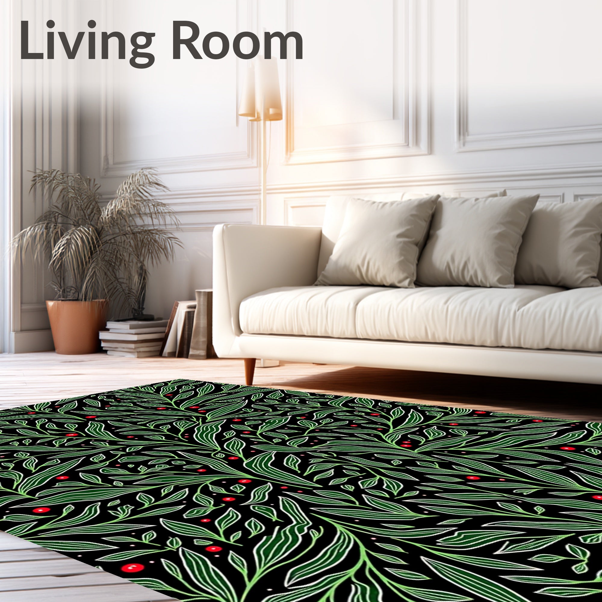 Emerald Green Leafy Vine Red Berries Rug