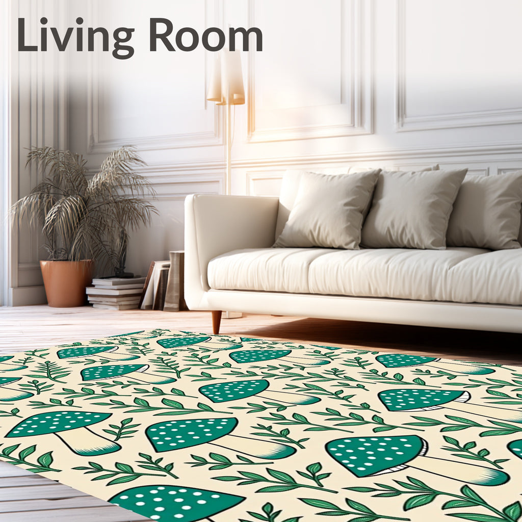 Teal Mushroom Leafy Woods Background Rug