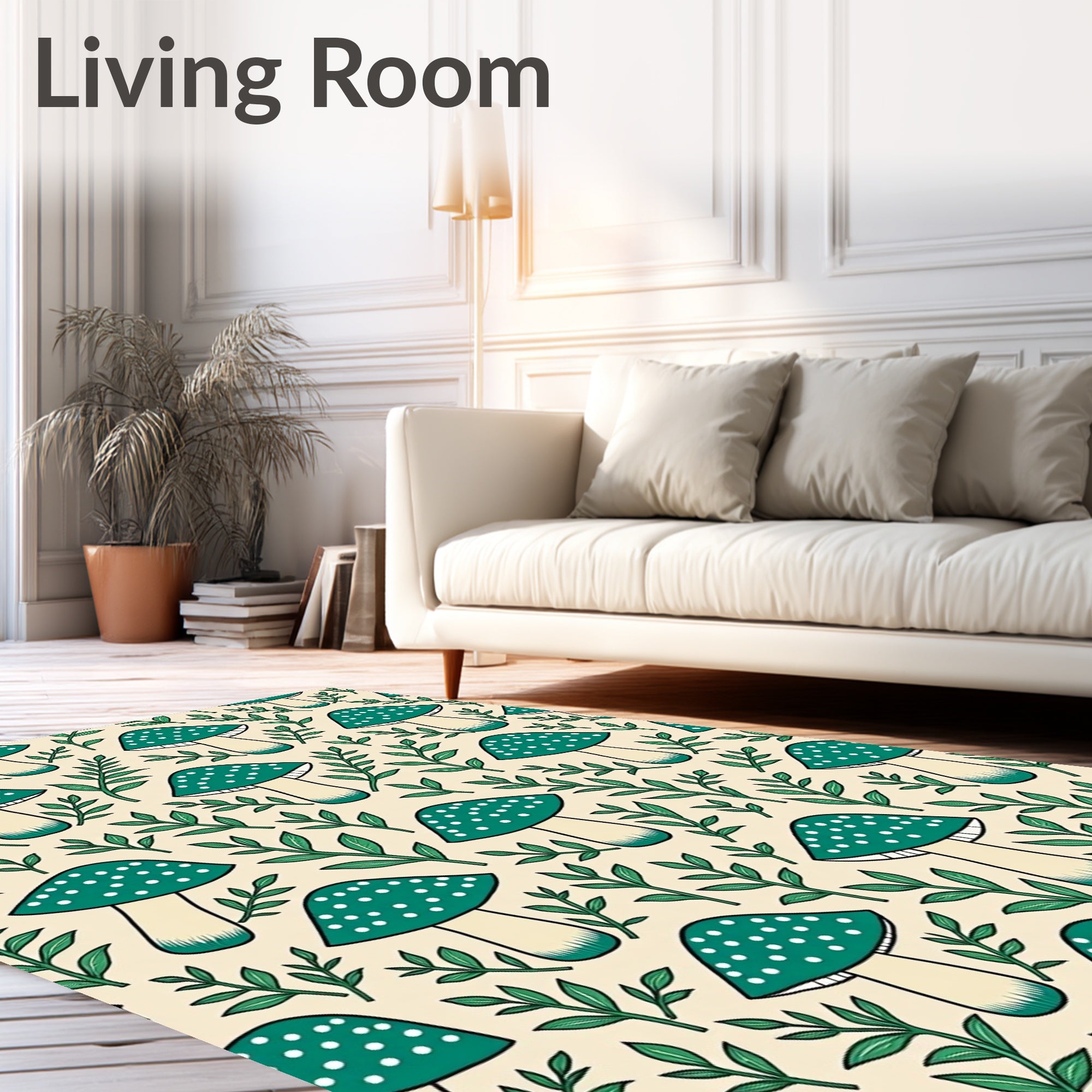 Teal Mushroom Leafy Woods Background Rug