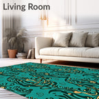 Teal And Gold Abstract Swirling Vines Rug