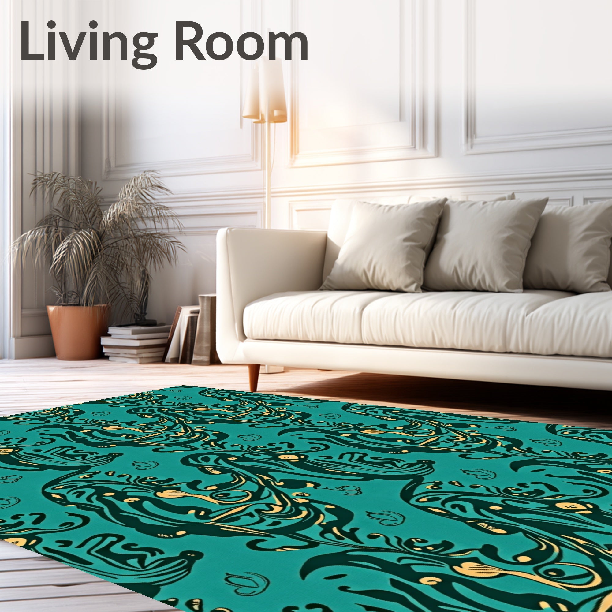 Teal And Gold Abstract Swirling Vines Rug