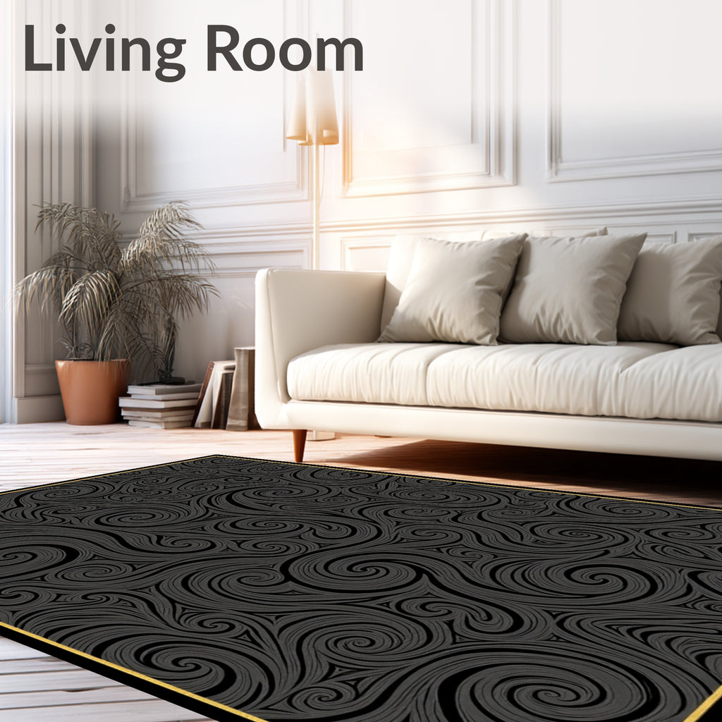 Dark Swirling Charcoal Abstract Texture Rug