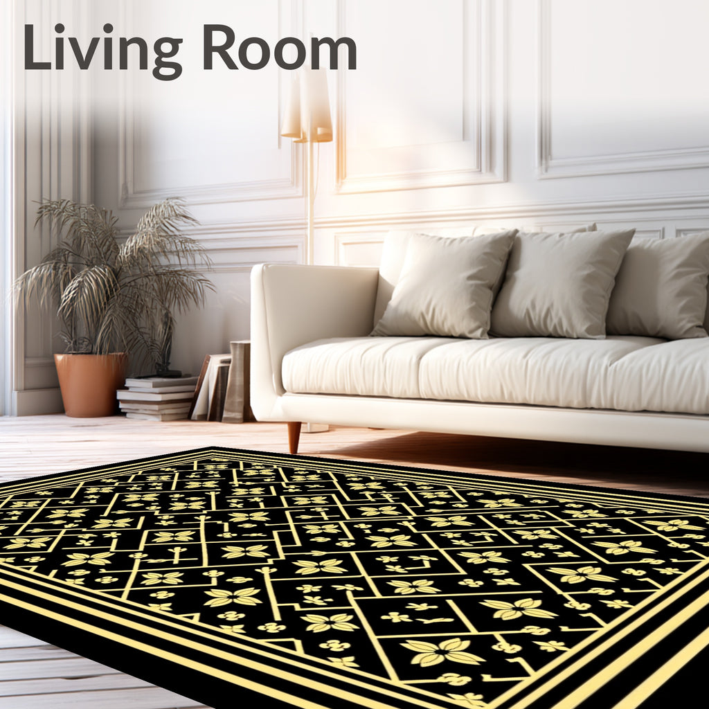 Golden Lattice Floral Black Rug