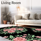 Pink Roses Lush Foliage Black Rug