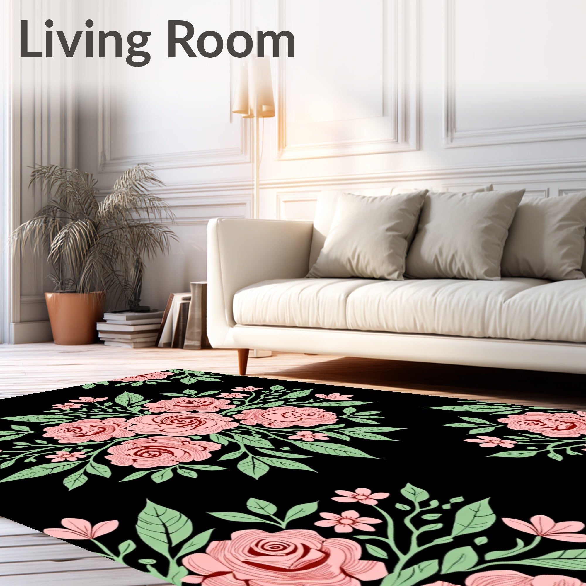 Pink Roses Lush Foliage Black Rug