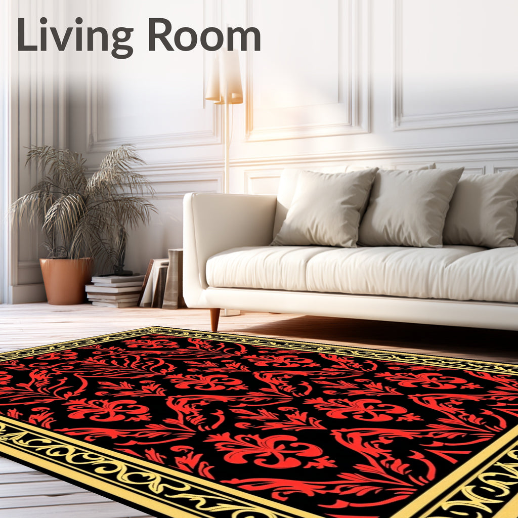 Bold Red Floral Damask Frame Rug