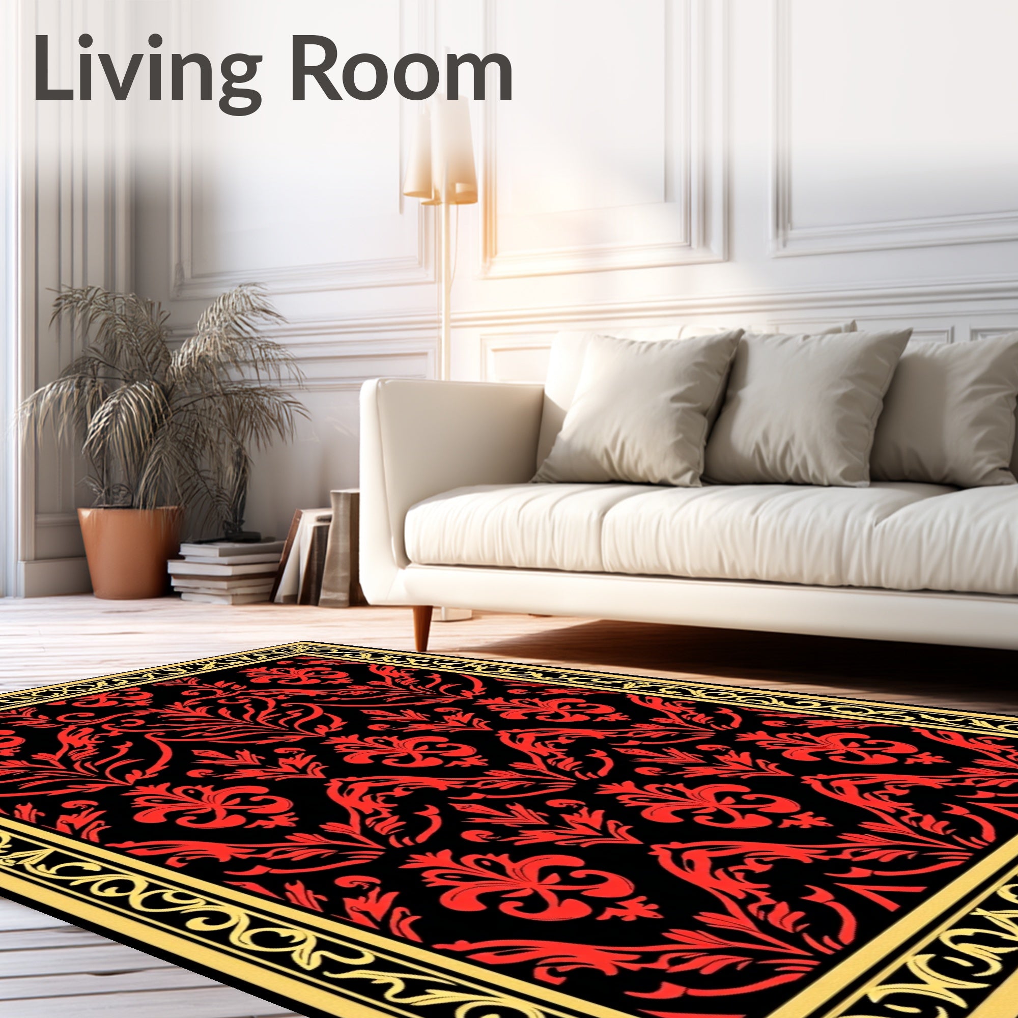 Bold Red Floral Damask Frame Rug