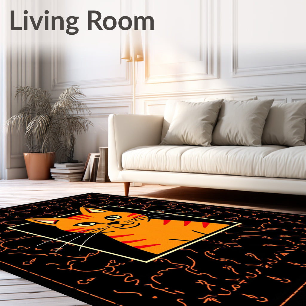 Orange Tabby Cat With Orange Scrollwork Rug