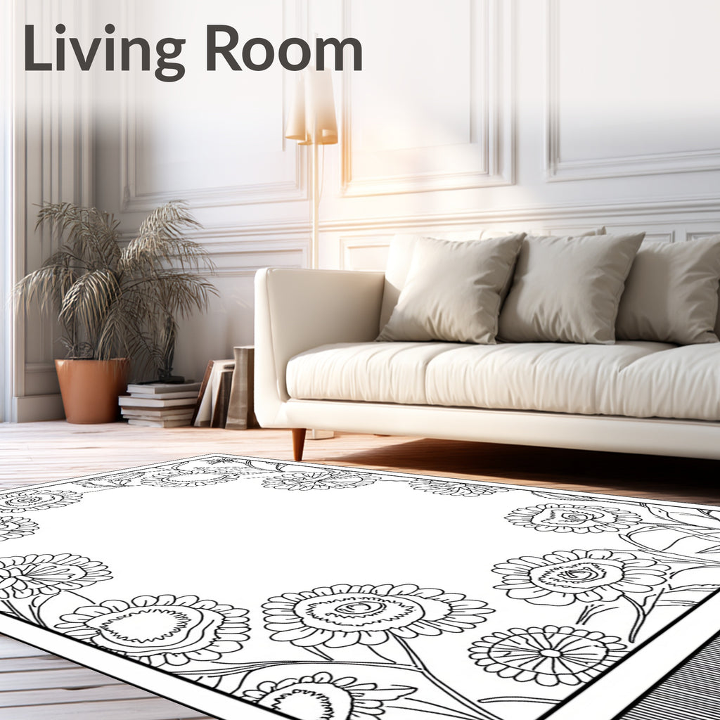 Whimsical Floral Border Black and White Rug