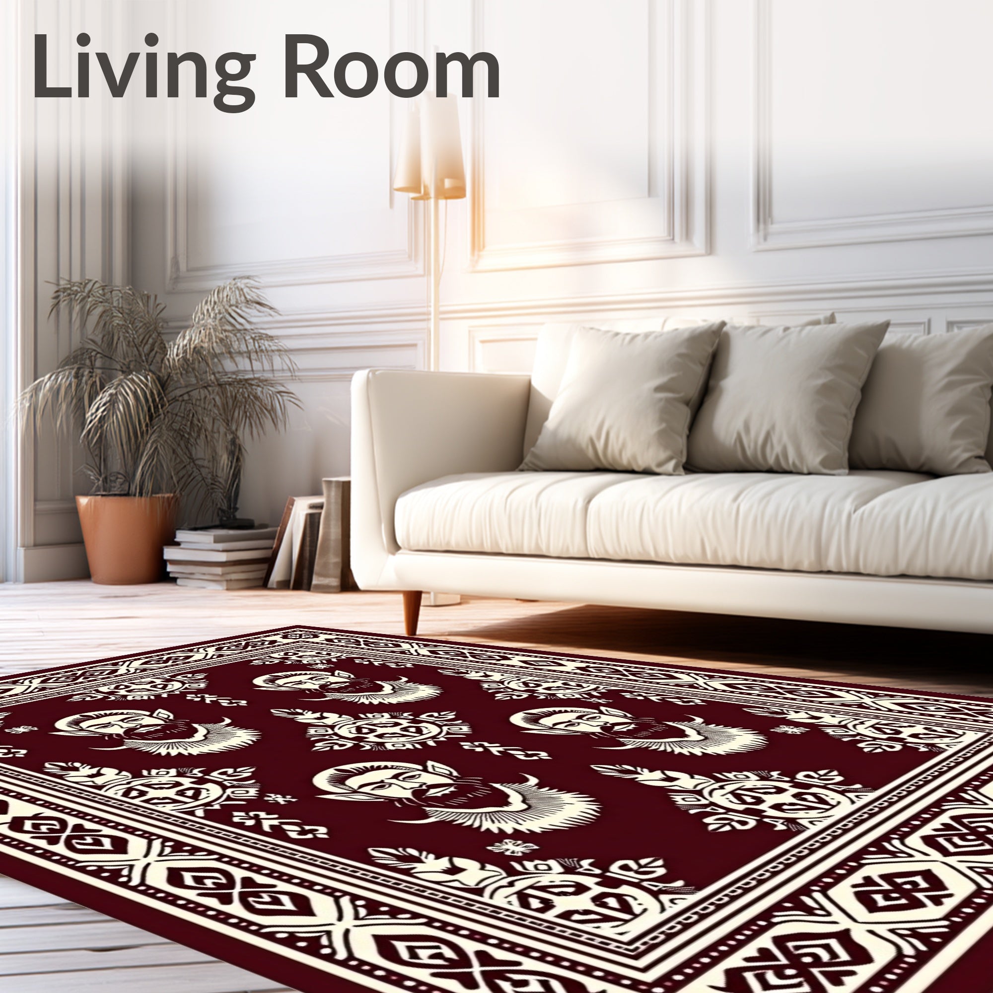 Crimson Bearded Faces Bordered Rug