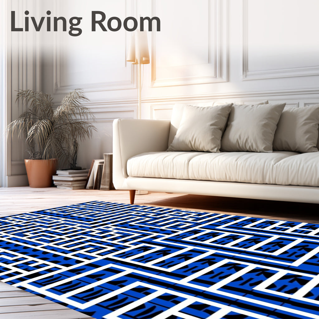 Bold Blue White Geometric Maze Rug