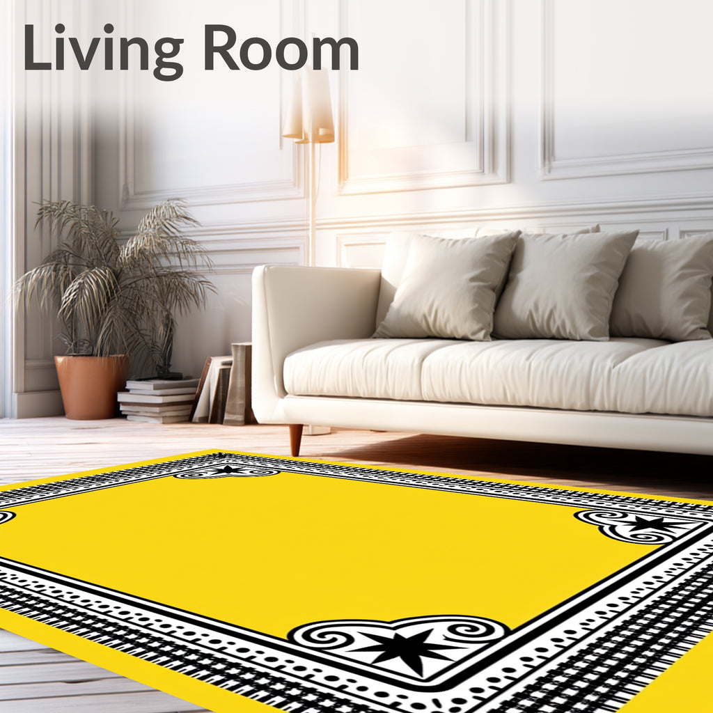 Bright Yellow Black Starburst Border Rug