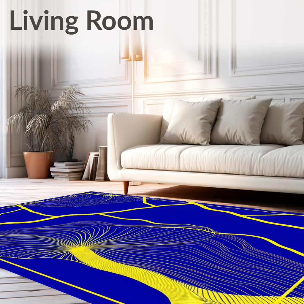 Cobalt Blue Yellow Kintsugi Lines Rug