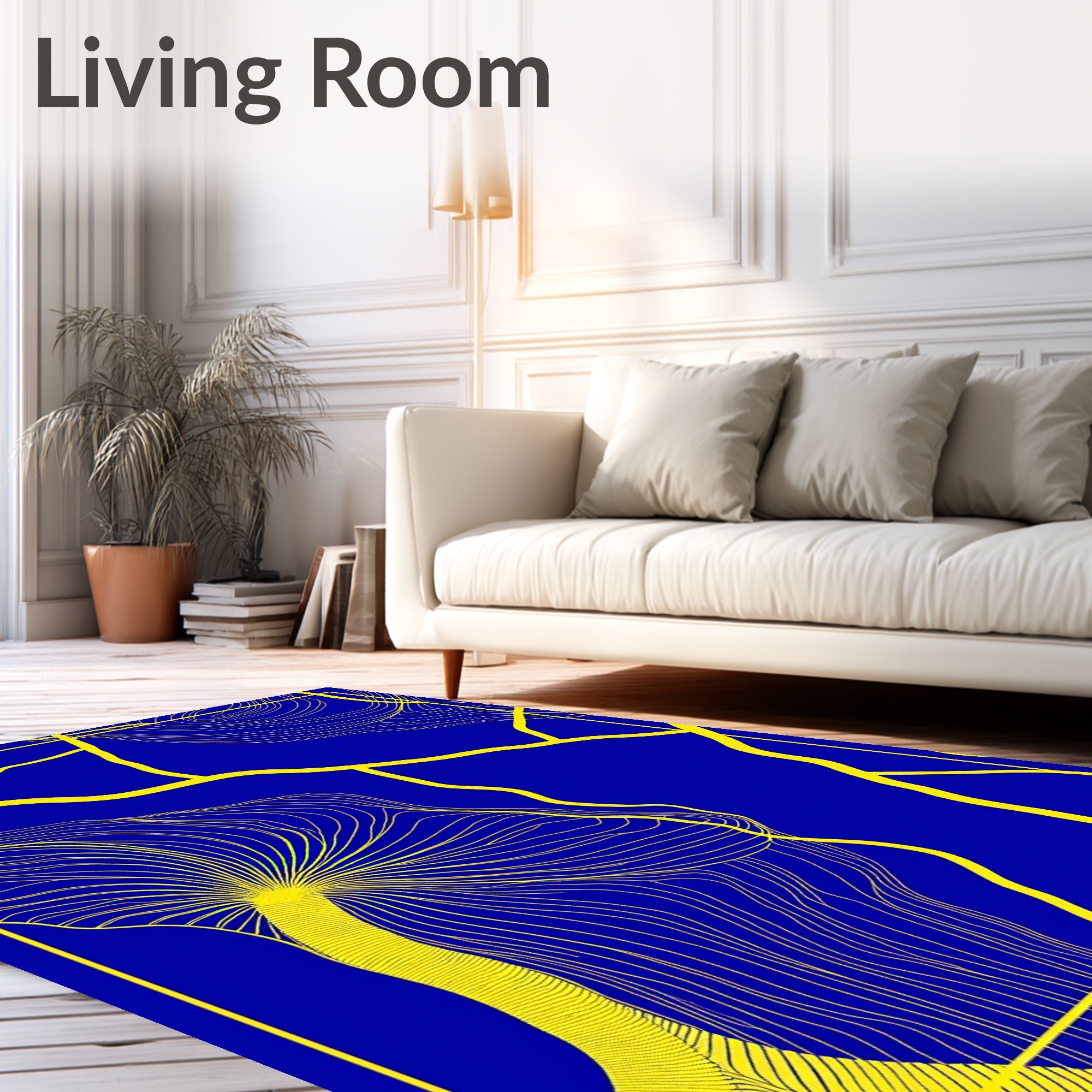 Cobalt Blue Yellow Kintsugi Lines Rug