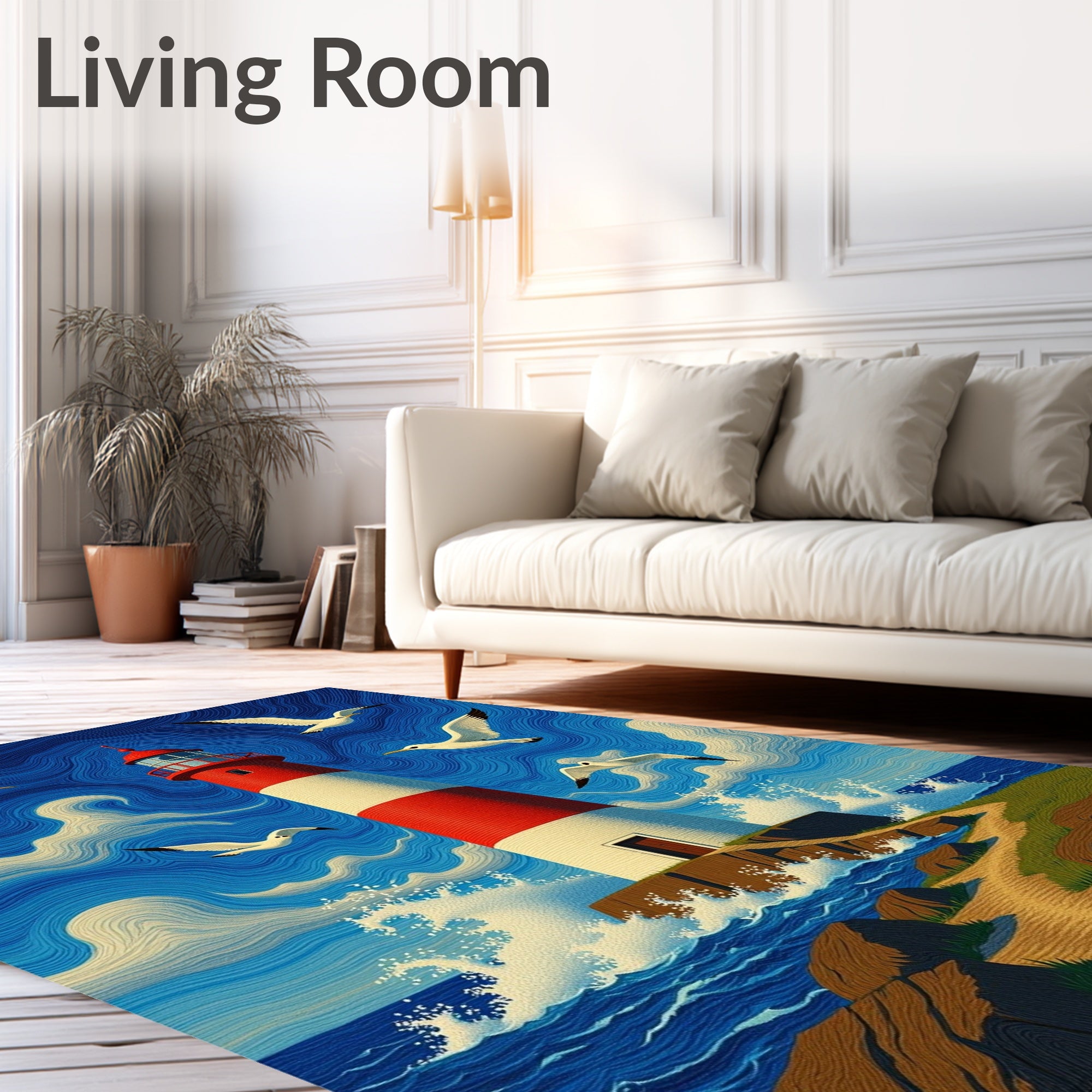 Coastal Red White Lighthouse Seagull Sky Rug