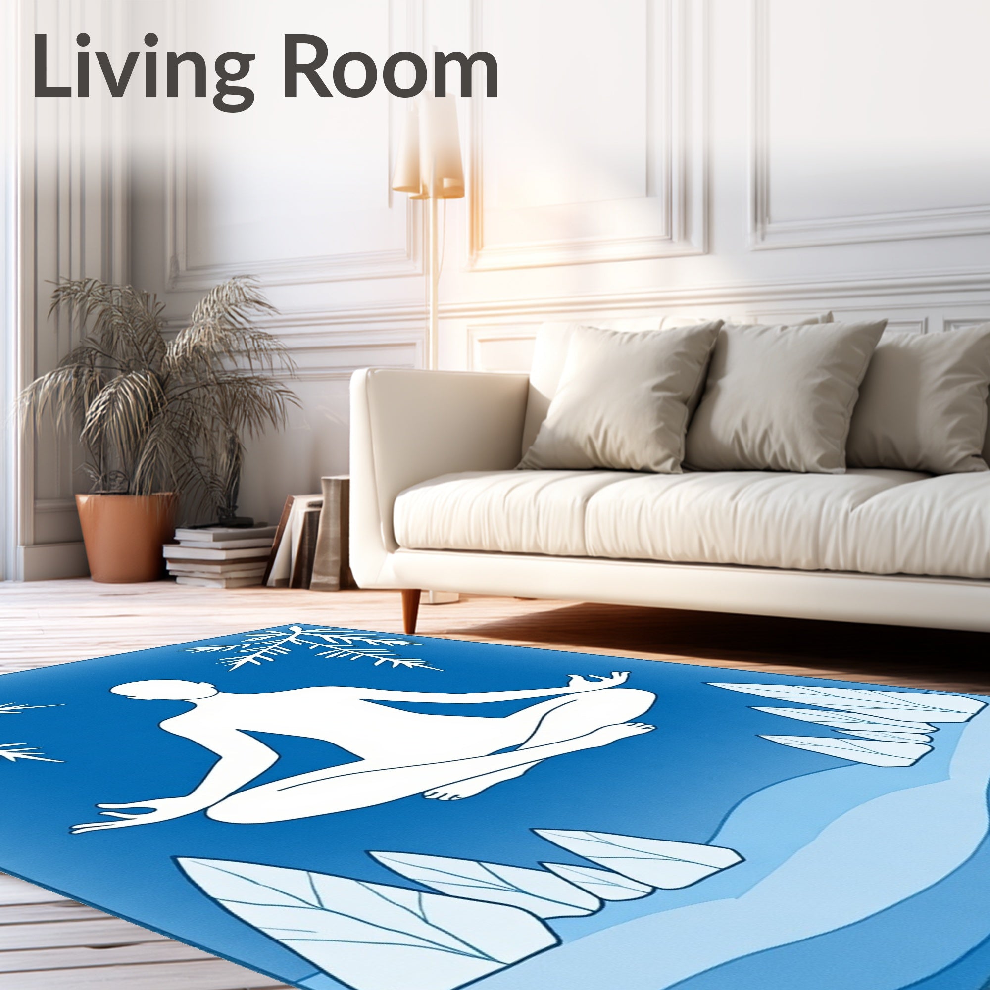 Serene Blue Meditating Figure Botanical Scene Rug