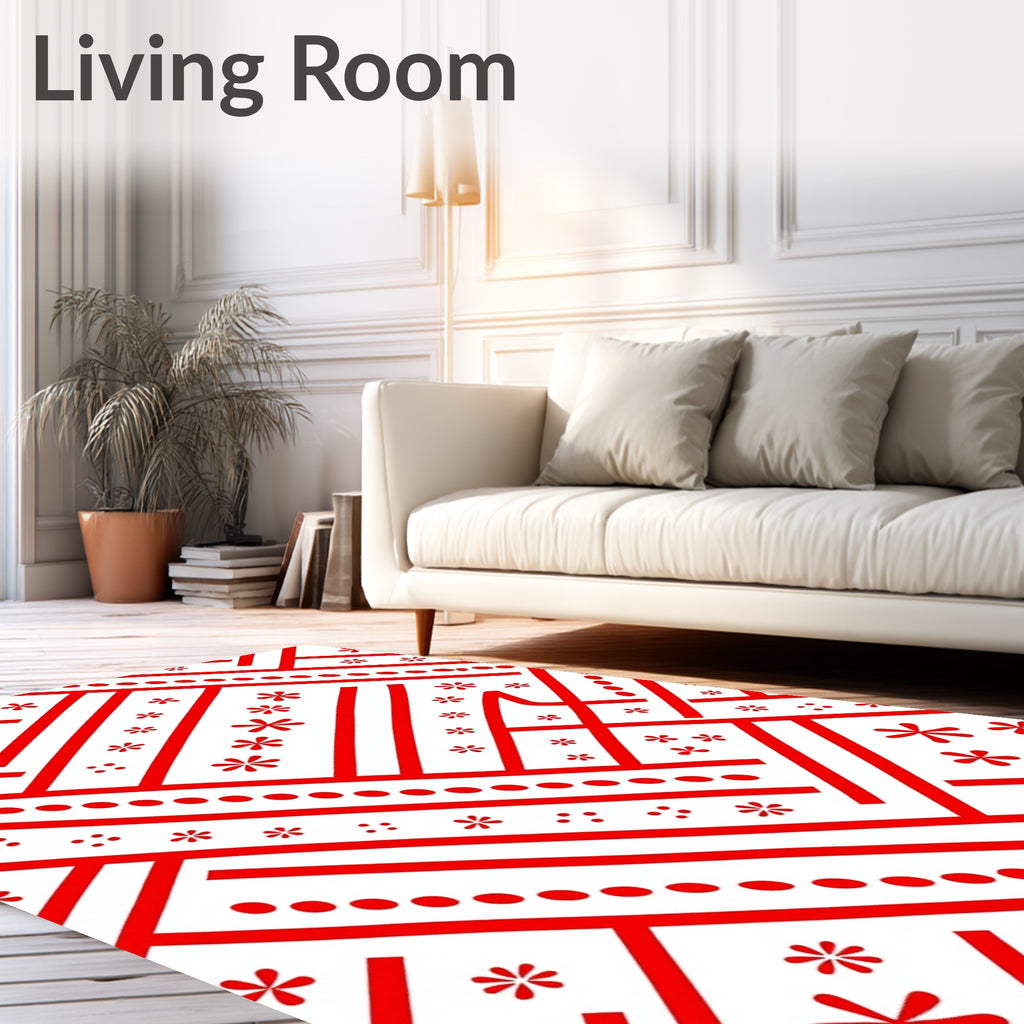 Red White Geometric Floral Line Rug