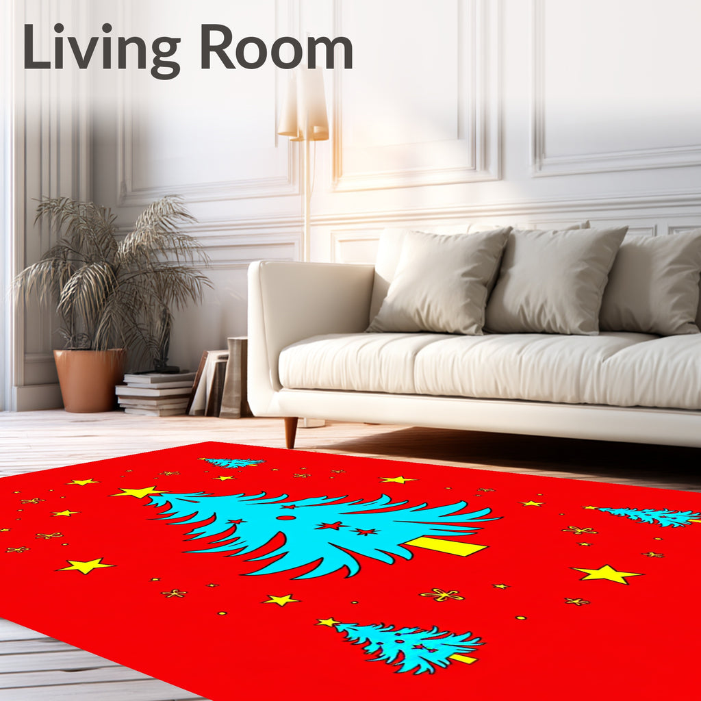Festive Cyan Christmas Trees Scattered Stars Rug