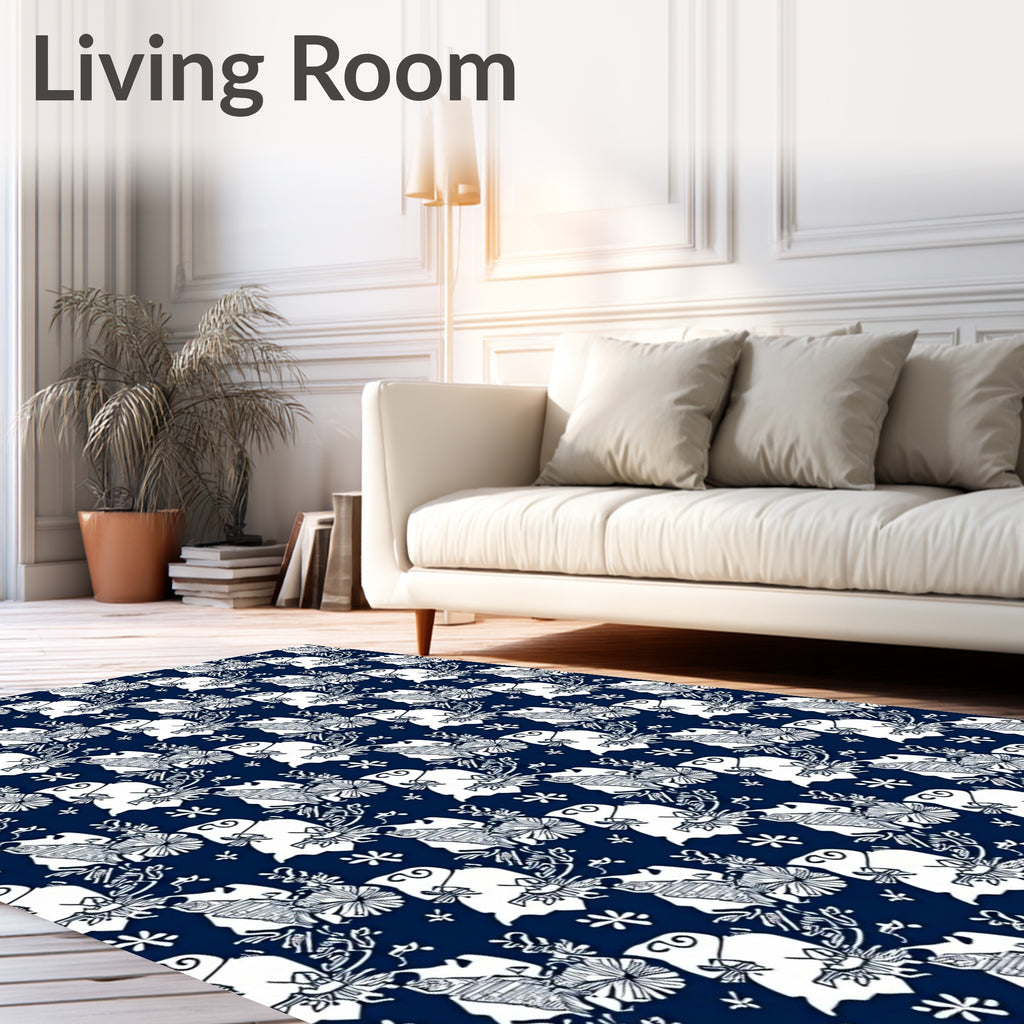 Deep Blue White Whimsical Floral Creatures Rug