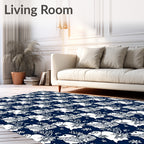 Deep Blue White Whimsical Floral Creatures Rug