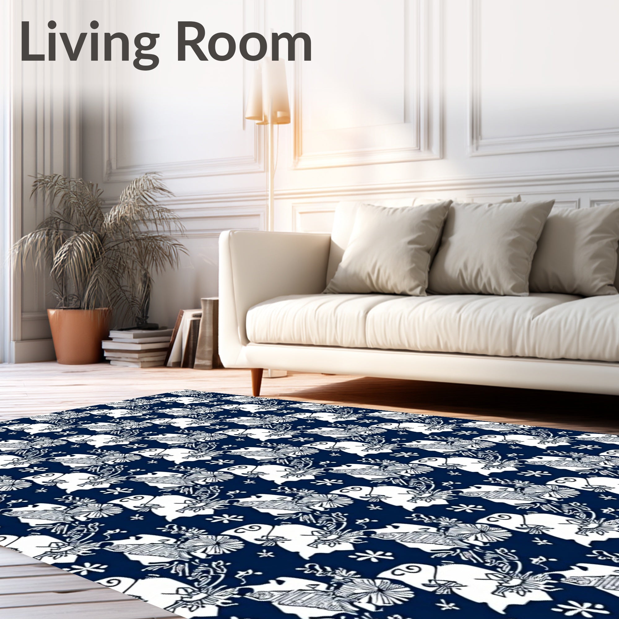 Deep Blue White Whimsical Floral Creatures Rug