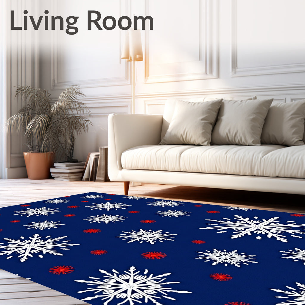 White Snowflake Red Dot Navy Rug