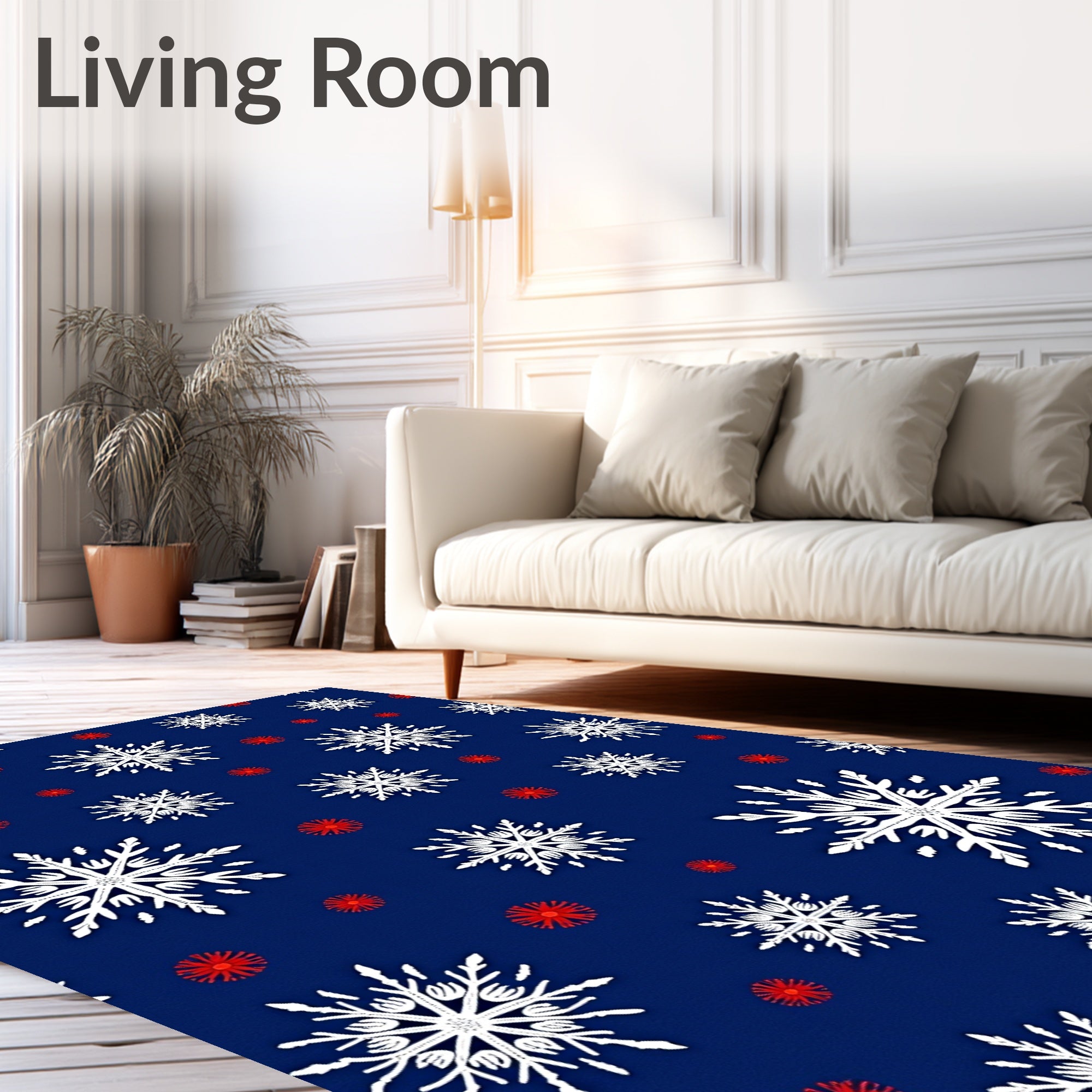 White Snowflake Red Dot Navy Rug