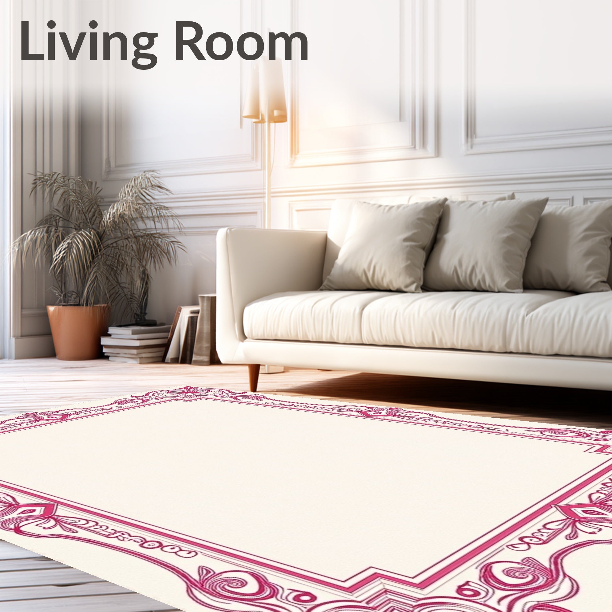 Elegant Pink Floral Scrollwork Border Rug