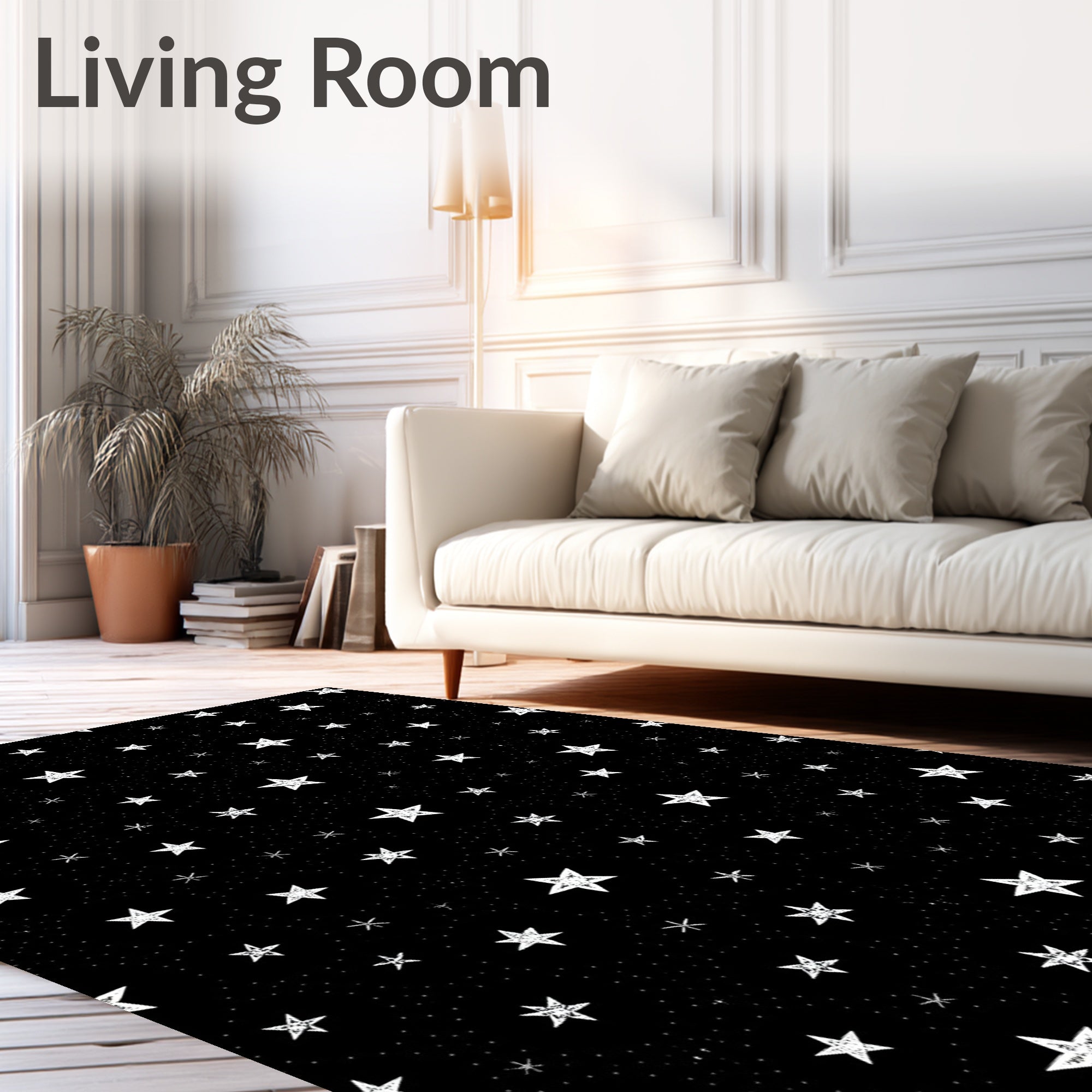 Cosmic White Stars Throughout Black Rug