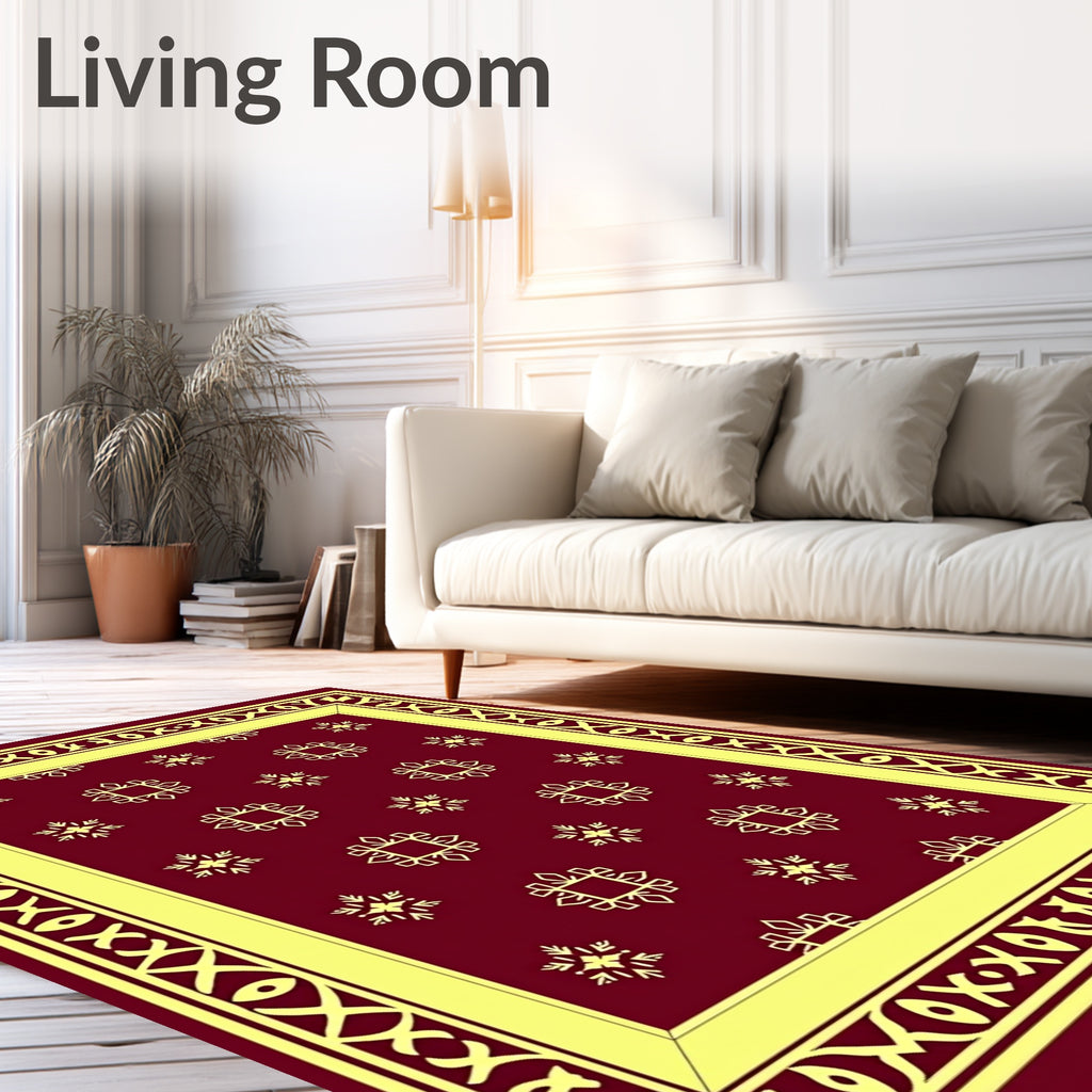 Crimson Gold Decorative Square Medallions Border Rug