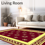 Crimson Gold Decorative Square Medallions Border Rug