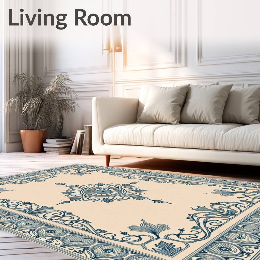 Navy Blue Floral Medallion Border Rug