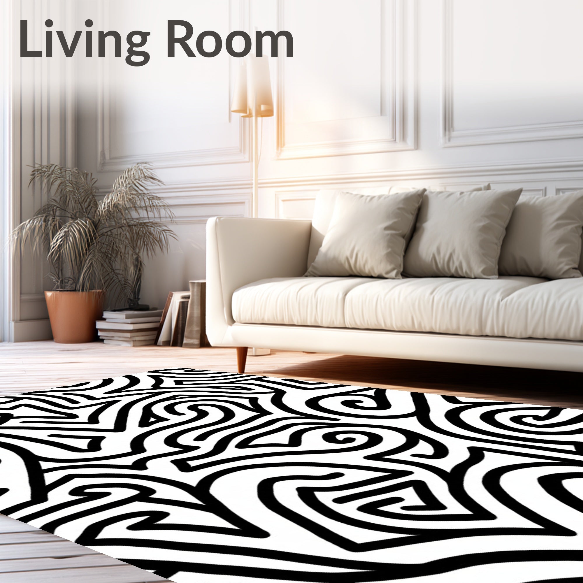 Abstract Black White Curly Lines Rug