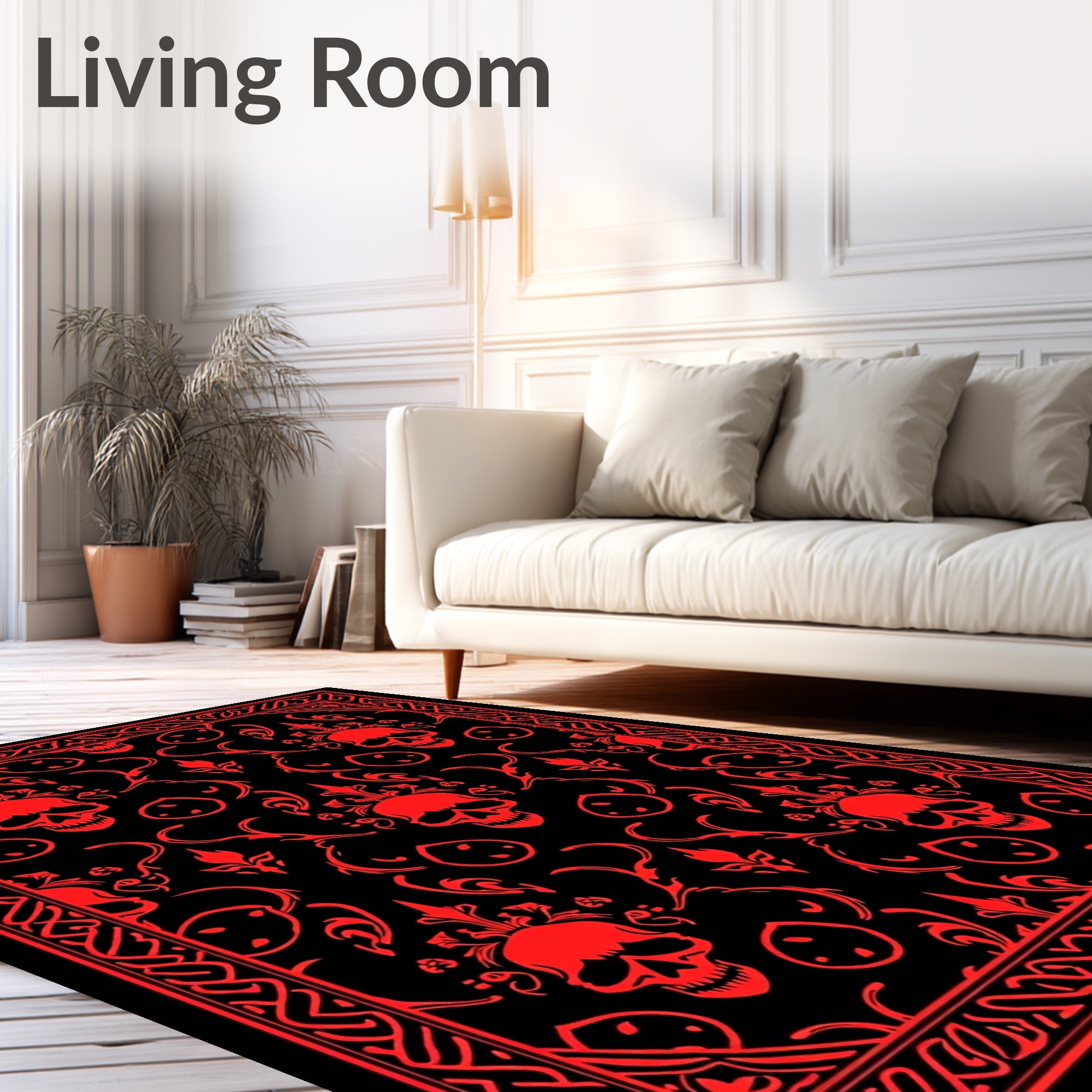 Crimson Skull Floral Damask Border Rug