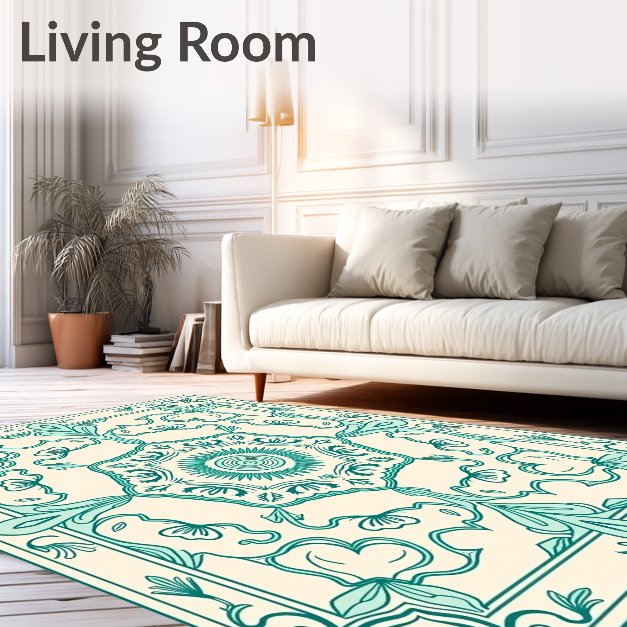 Aqua Floral Medallion Border Rug