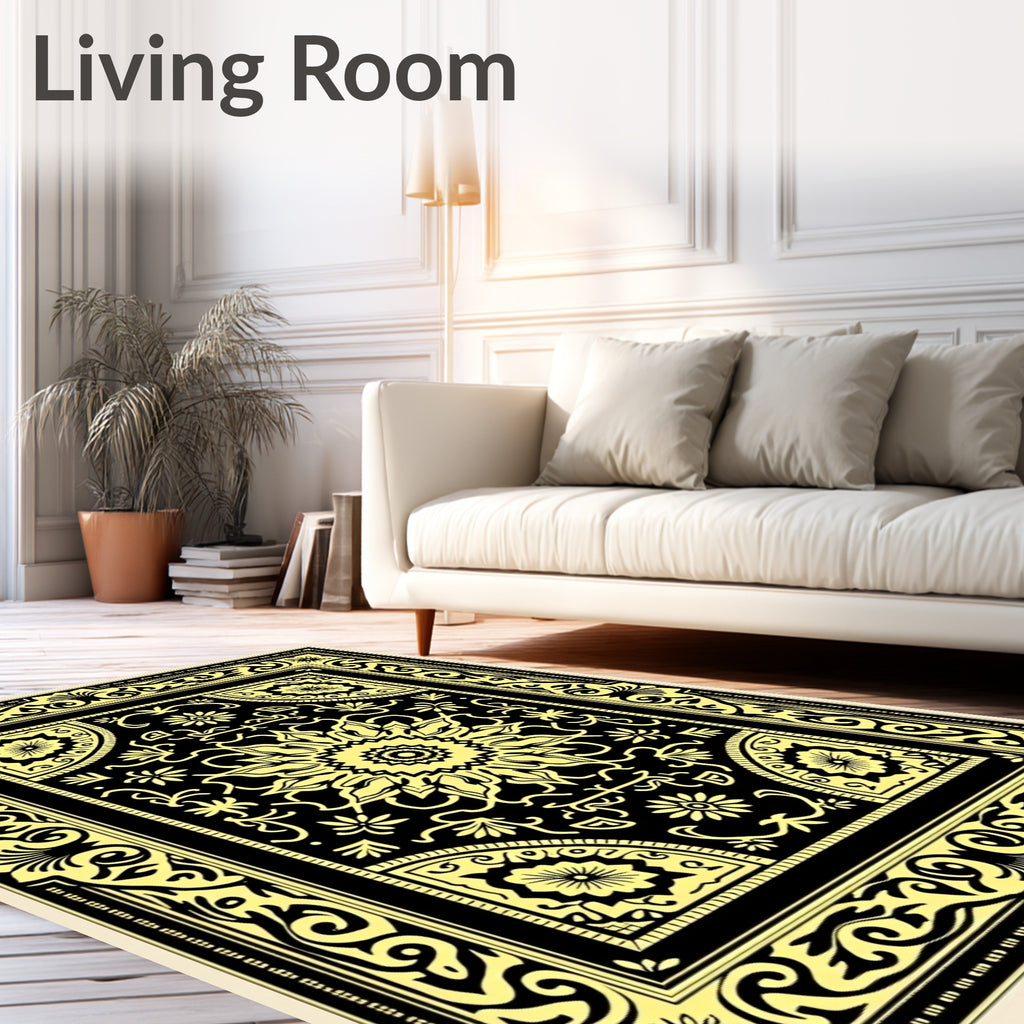 Black Yellow Floral Medallion Border Rug