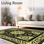 Black Yellow Floral Medallion Border Rug