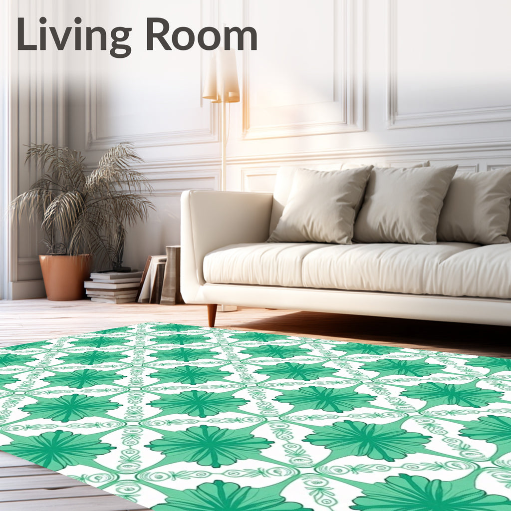 Teal Green Floral Geometric Lattice Rug
